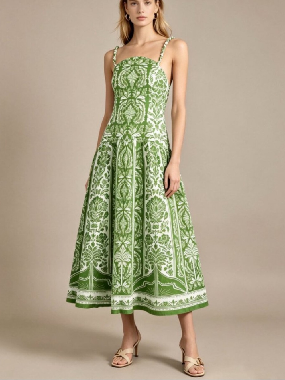 Farm Rio linen Green drop waist Botanical Print Women’s Sundress size xs